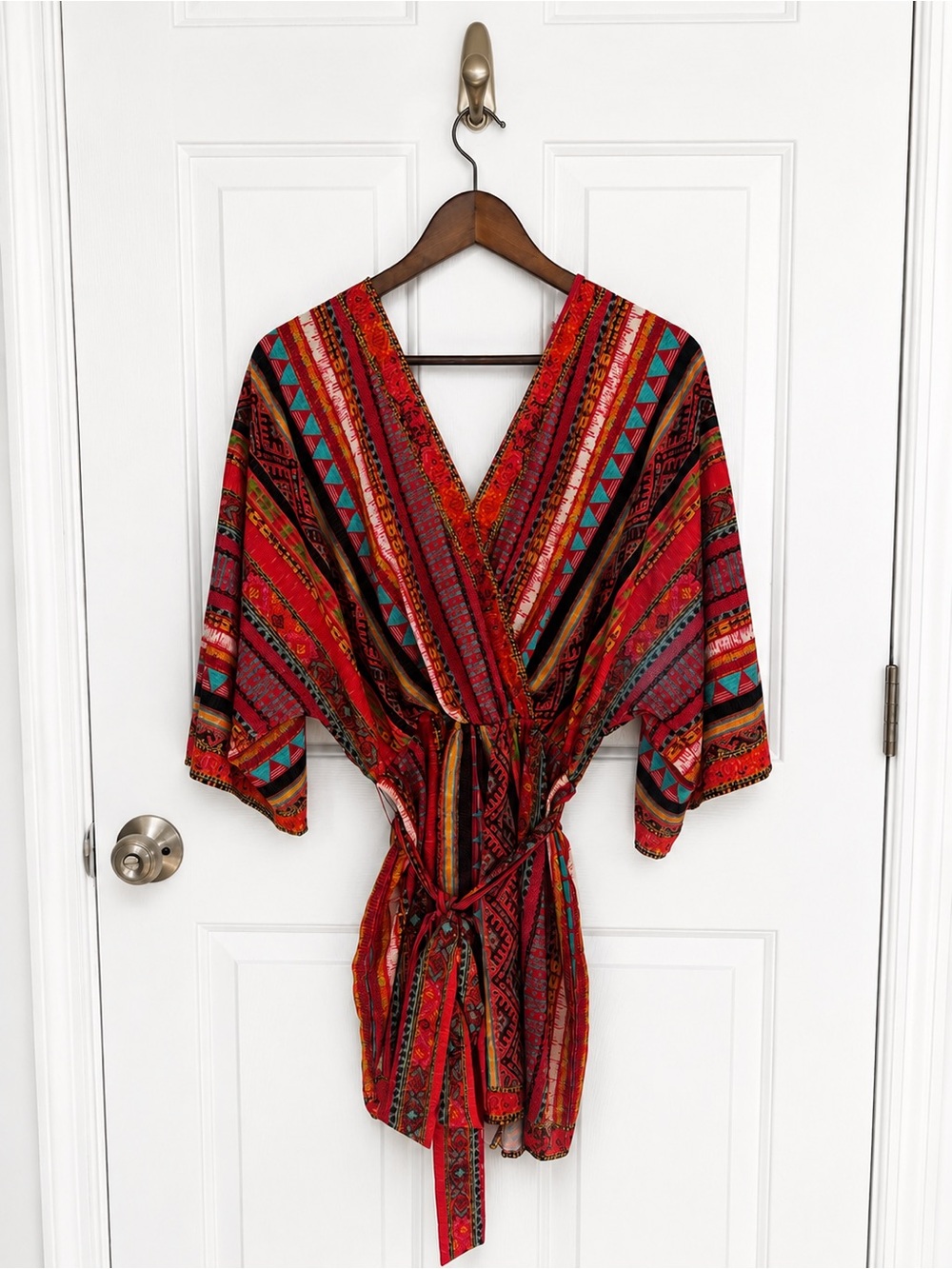 Flying Tomato Red Multi-Stripe Boho V-Neck Tie-Waist Romper - Picture 2 of 4